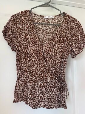 MNG Basics Brown Floral Wrap Top | Cottagecore Tie Waist Blouse Size S